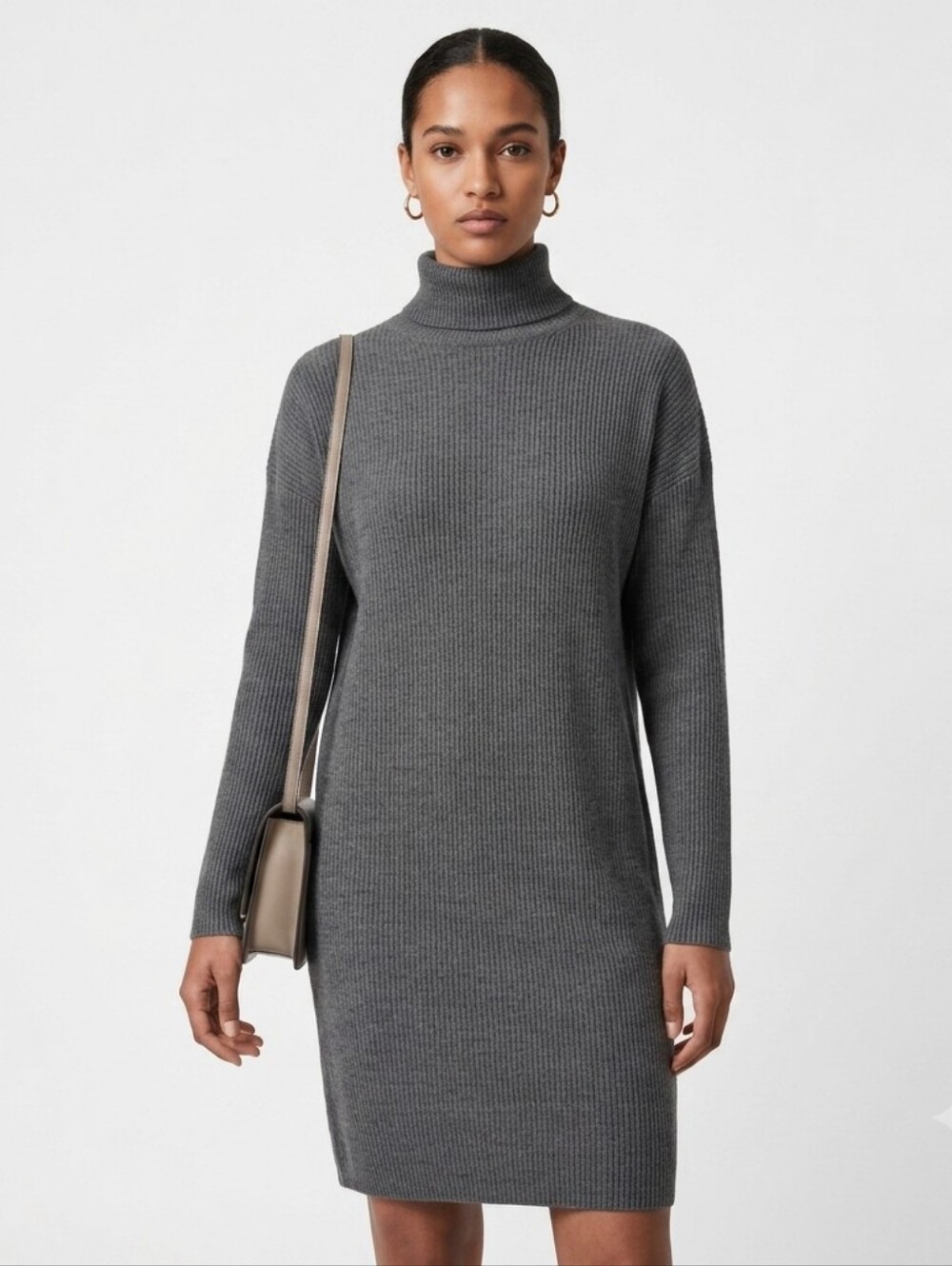 AllSaints Muriel Wool Cashmere Blend Ribbed Turtleneck Gray Dress